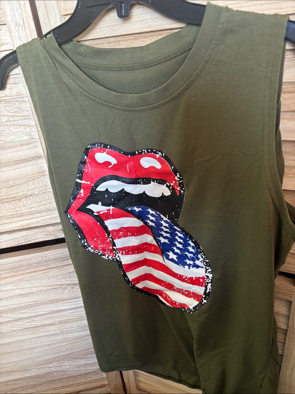 Ladies Distressed Look Olive Graphic Tank Top with Flag Tongue Print XL